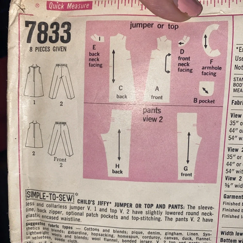 7833 Vintage Simplicity Sewing Pattern Girls 1960s Jumper Top Pants School 6 Cut
